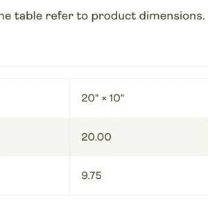 Screenshot image of a size chart for the product (Imperial sizing) described.